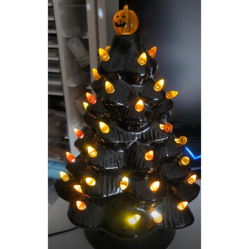 Mr. Christmas Jack-o'-lantern 14" Black Ceramic Halloween Tree With/Orange Bulbs - Picture 11 of 11